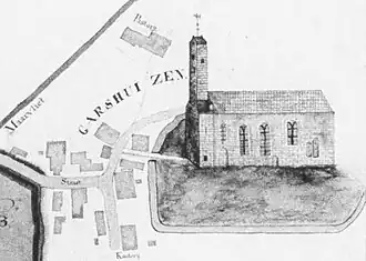 De in 1871 afgebroken kerk van Garsthuizen in 1824 met de locaties van pastorie en kosterij in het dorp