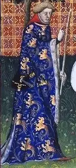 Afbeelding van graaf Gaston III van Foix-Béarn in Le Livre de Chasse.