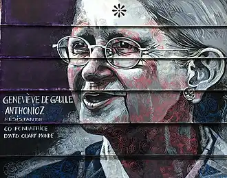 Streetart van Geneviève de Gaulle-Anthonioz in Parijs, Belleville