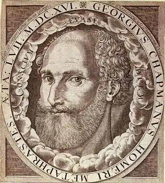 Vignetportret van George Chapman van voorblad van zijn "Whole works of Homer". Gravure: British Museum, W. Hole (1616)