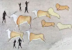 Tekening door George William Stow van grotschilderingen in de Drakensbergen, Zuid-Afrika.