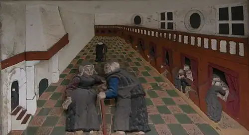 Het St. Barbara Gasthuis zoals het oorspronkelijk in de Jansstraat stond, werd gesticht met geld uit de nalatenschap van Hugo van Assendelft