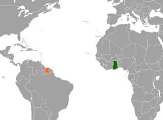 Kaart met daarop Suriname en Ghana