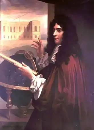 Giovanni Domenico CassiniIn de achtergrond, het observatorium van Parijs waarvan hij de eerste directeur was.