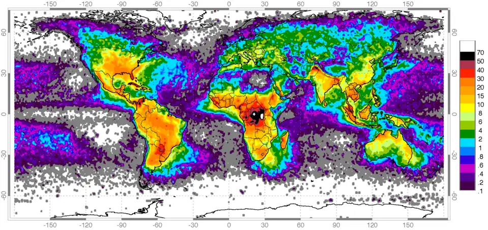 Aantal ontladingen per km²/jaar (bron: NASA)Merk op: In de poolgebieden komt bliksem maar zelden voor.