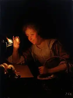Godfried Schalcken, Een vrouw houdt een ei tegen een lamp, 1665 en 1669