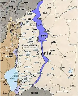 De UNDOF-zone tussen de door Israël bezette Golanhoogten en Syrië.