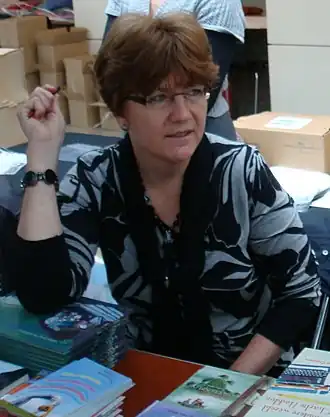 Gonneke Huizing tijdens de kinderboekenmarkt in Den Haag, oktober 2008