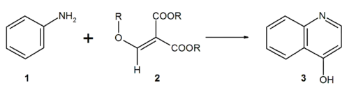 Reactieverloop van de Gould-Jacobs-reactie.