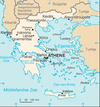 Griekenland, met diens noordelijke buurlanden Albanië, Macedonië – voor 1991 deel van Joegoslavië – en Bulgarije.