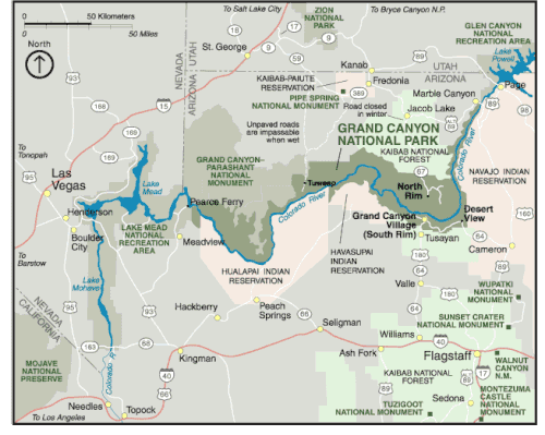 de ligging van Grand Canyon National Park