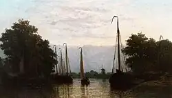 Kleine scheepsreparatiewerf buiten de stad, bij schemering