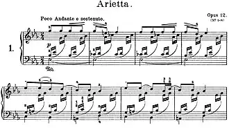 Fragment van de openingsmuziek, het Ariëtta, van de Lyrische Stukken van Edvard Grieg