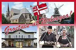 Ansichtkaart van Wolvega met Station Wolvega, de molen Windlust, Sint-Franciscuskerk (Wolvega) en haringparty in de winkelstraat.