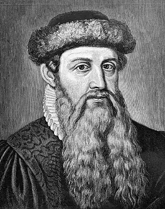 Postuum fantasieportret van Johannes Gutenberg. Het is onwaarschijnlijk dat de echte Gutenberg een lange baard, kenteken van pelgrims en Joden, zou gedragen hebben.Kästner (1984), p.19
