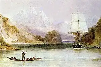 Inheemse bewoners van Vuurland groeten de Beagle, het schip van Charles Darwin, in 1832.