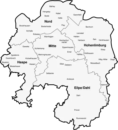 Kaart der stadsdelen van Hagen