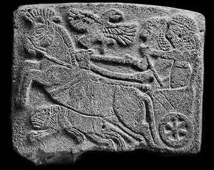 Jachtscène in basalt, gevonden bij Tell Halaf, ca. 850-830 v.Chr.