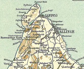 Noordeinde van Bornholm met Hammershus ruïne, rond 1900