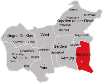 Locatie van Hartefeld binnen de gemeente Geldern