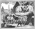 Een hoogkar wordt volgeladen met hooi. Houtgravure uit 1842.
