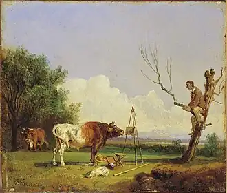 Nieuwsgierige stier en bange kunstschilder in boom(19e eeuw), Heinrich Bürkel