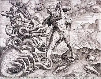 Gravure van Herakles die de Hydra doodt. Cornelis Cort, ca. 1565