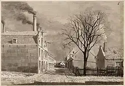 Kruising Bellamydwarsstraat en Wenslauerstraat in 1909 door Herman Misset; geen van de gebouwen overleefde de 20e eeuw