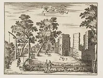 't Zand in 1695, met rechts de ruïne en achterin de woning voor de tollenaar