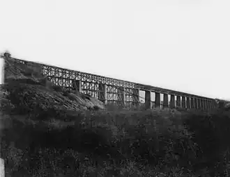 High Bridge over de Appomattox River bij Farmville, Virginia. Gefotografeerd in 1865 doorTimothy H. O'Sullivan tijdens reparatiewerken na de oorlog.