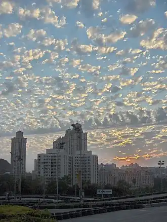 Altocumulus floccus boven Hiranandani Gardens in Mumbai, India (zoom in om de rafelige basis goed te zien)