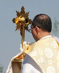 Monstransdragende priester met schoudervelum tijdens een processie