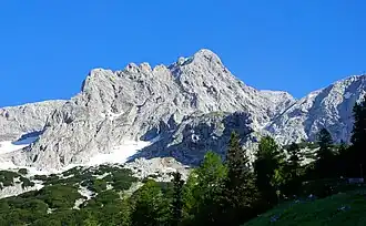 De top van de Grosser Priel met zijn zuidoostgraat,  gezien van het Prielschutzhaus