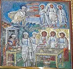 Mozaïek aan de linkerzijde: Abraham en Sarah met drie mannen.