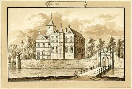 Huis Ypestein, circa 1720, tekening door Abraham Rademaker