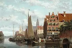 Afgemeerde platbodems bij een losplaats, olieverf op doek, ca. 1880