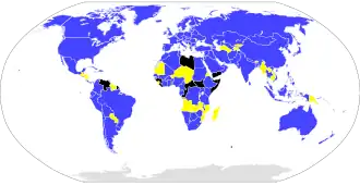 alt=kaart van deelnemende landen op november 2020:■&nbsp;ISO-lidstaat met een nationaal standaardenorgaan en ISO kiesrecht ■&nbsp;Correspondent-leden (landen zonder nationaal standaardeorgaan) ■&nbsp;Subscriber-leden (landen met een kleine economie)
■&nbsp;Andere landen/gebieden met een ISO 3166-1-code die geen lid zijn van ISO