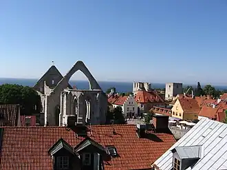 De voormalige kloosterkerk met uitzicht op de Oostzee, waarop ook de ruïnes van de Sint-Laurenskerk en de Drottenkerk te vinden zijn