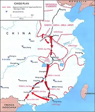 Kaart met de Japanse aanvalroutes