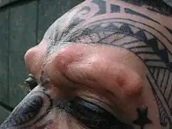 Mannengezicht met tatoeages en implantaten