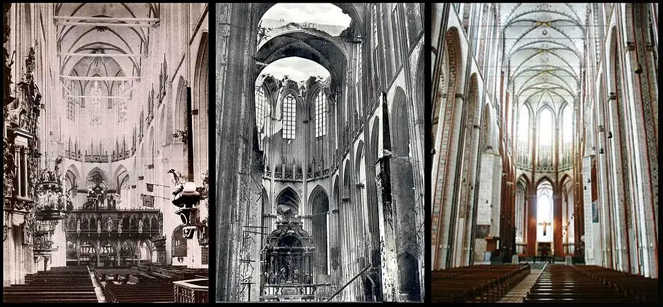 Interieur voor 1942, na de bombardementen en na de restauratie