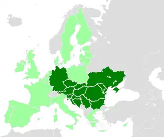 Lidstaten (donkergroen) en rest van de Europese Unie (lichtgroen)