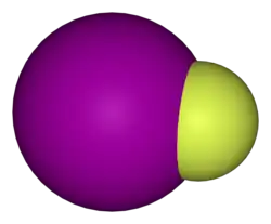 alt=Ruimtelijk model van 
  
    
      
        
          IF
        
      
    
    {\displaystyle {\ce {IF}}}
  
met jood links en fluor rechts