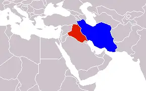 Irak (rood) en Iran (blauw).