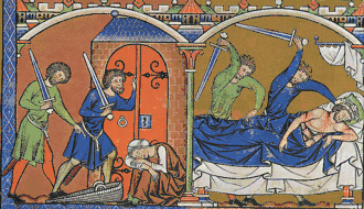 De moord op Isboset, op een miniatuur in de Maciejowski-Bijbel (fol. 38).