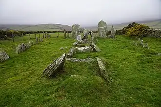 Cashtal yn Ard: vanaf het ganggraf kijkende over de vijf grafkamers naar de ingang met voorhof.