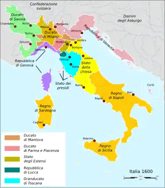 Italië in 1600. Montferrat wordt tot Mantua gerekend.