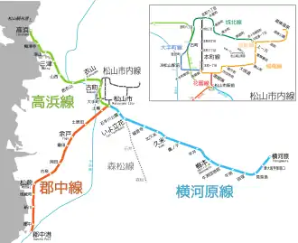 Netwerkkaart van de Voorstadstrein van Matsuyama