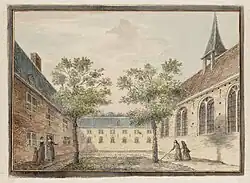 Binnenplaats van vermoedelijk het Sint-Margrietenklooster in Amsterdam in 1544. Impressie op een 18e-eeuwse prent.