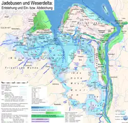 Kaart van het landverlies en de latere landwinst rondom Butjadingen